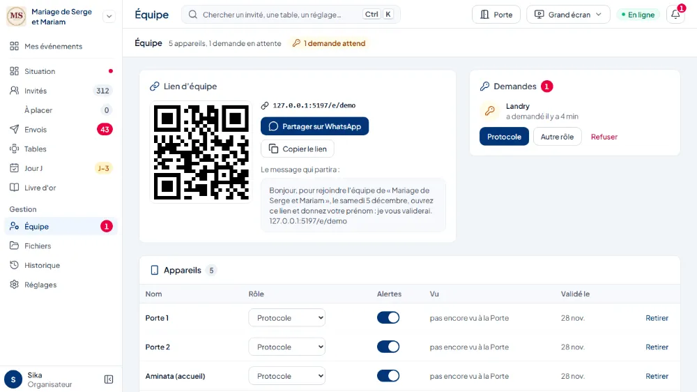 Équipe : le lien d’équipe, son code QR et Partager sur WhatsApp
