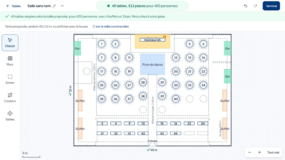 Le plan de salle proposé : 45 tables, 512 places pour 400 personnes