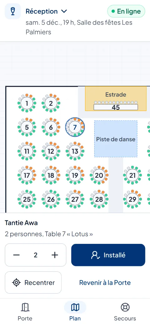 Le plan de la Porte : la table visée clignote