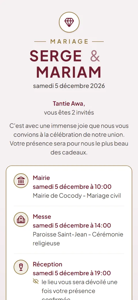La page de l’invitation de Tantie : Tantie Awa, vous êtes 2 invités, le programme de la journée