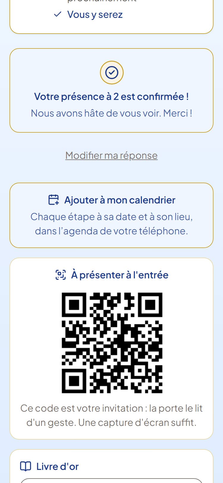 La réponse est enregistrée : L’invité voit sa présence confirmée, avec le programme et son code d’entrée. Chez l’organisateur, la ligne de l’invité passe à « Confirmé, 2 » à l’instant.