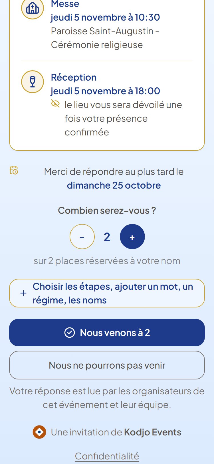 L’invité répond : Le lien s’ouvre à son nom, sans rien installer. L’invité voit la date limite de réponse, dit à combien il vient, et choisit ses étapes ou son régime s’il le veut.